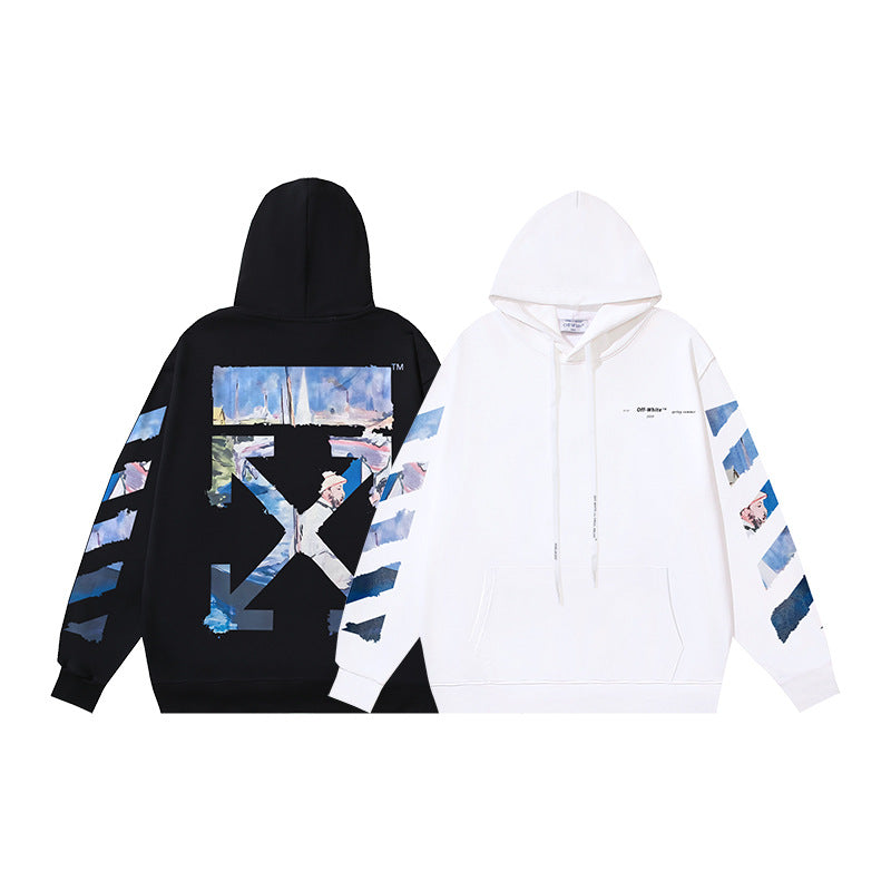 OW Monet oil painting arrow pattern print hooded sweater