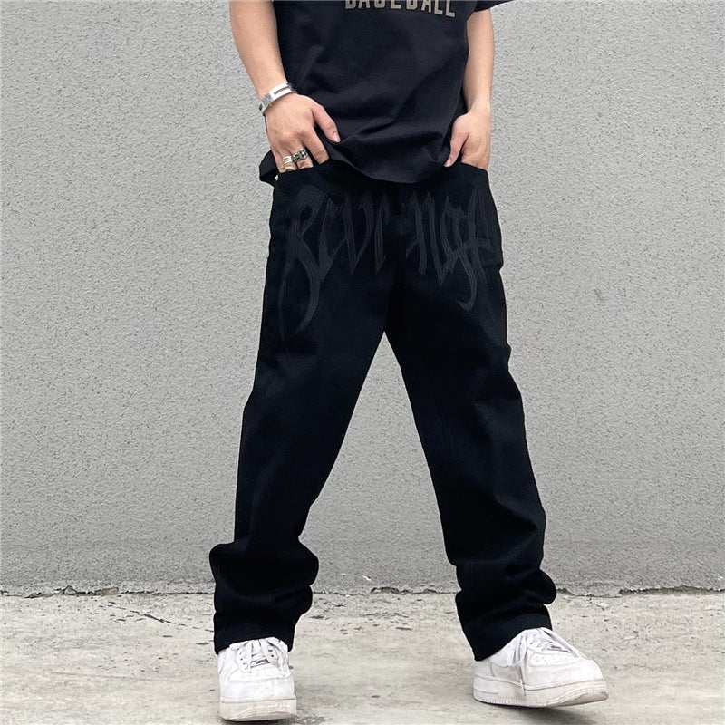Men Jeans Black Jeans Men's and Women's Vintage Embroidered Straight Loose Jeans
