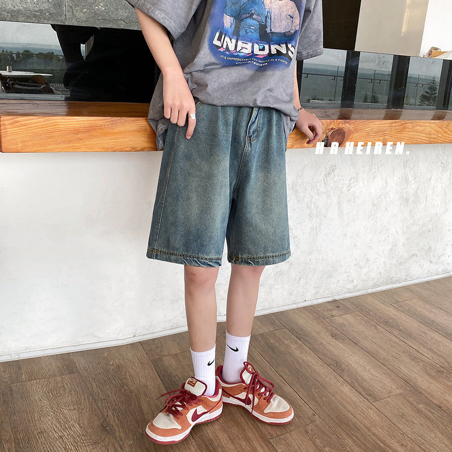 Men Jeans Vintage Denim Shorts Loose Casual Shorts