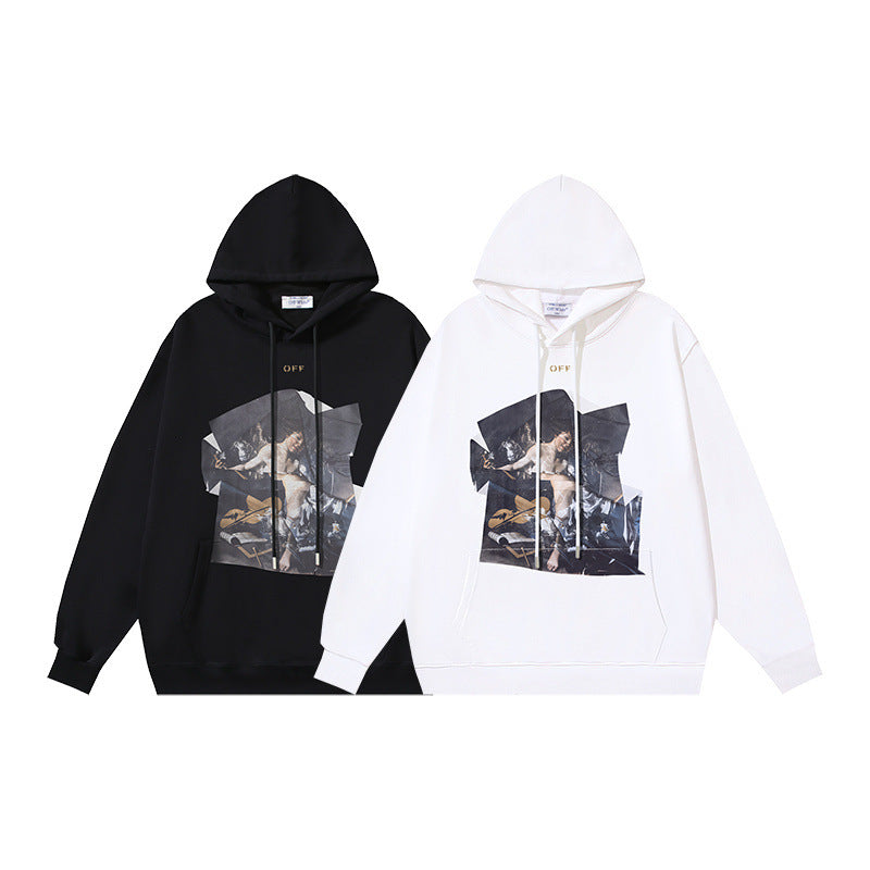 OW oil painting pleated art print pullover hooded sweater