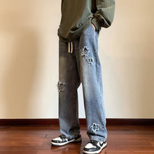 Men Jeans Vintage Patch Straight-Leg Pants Spring Baggy Pants