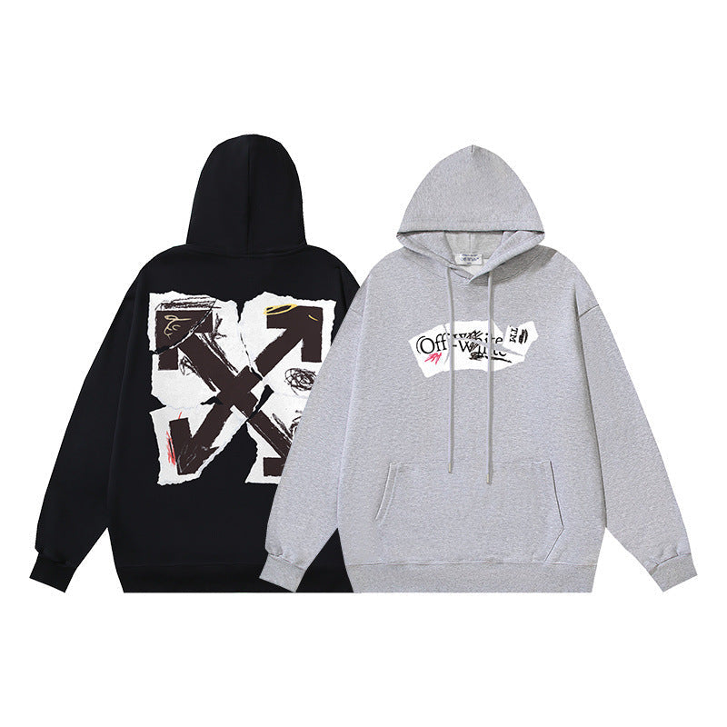 OW Broken Paper Arrow Pattern Pullover Hooded Sweater