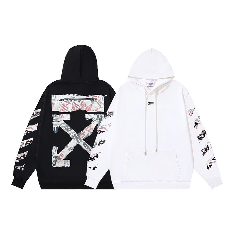 OW Newspaper Letter Arrow Pattern Pullover Hooded Sweater