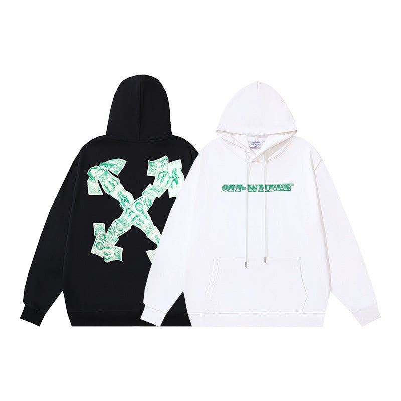 OW banknote letter arrow print pattern hooded sweater