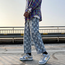 Men Jeans Chessboard Plaid Jeans Baggy Straight Trousers Wide Leg Pants