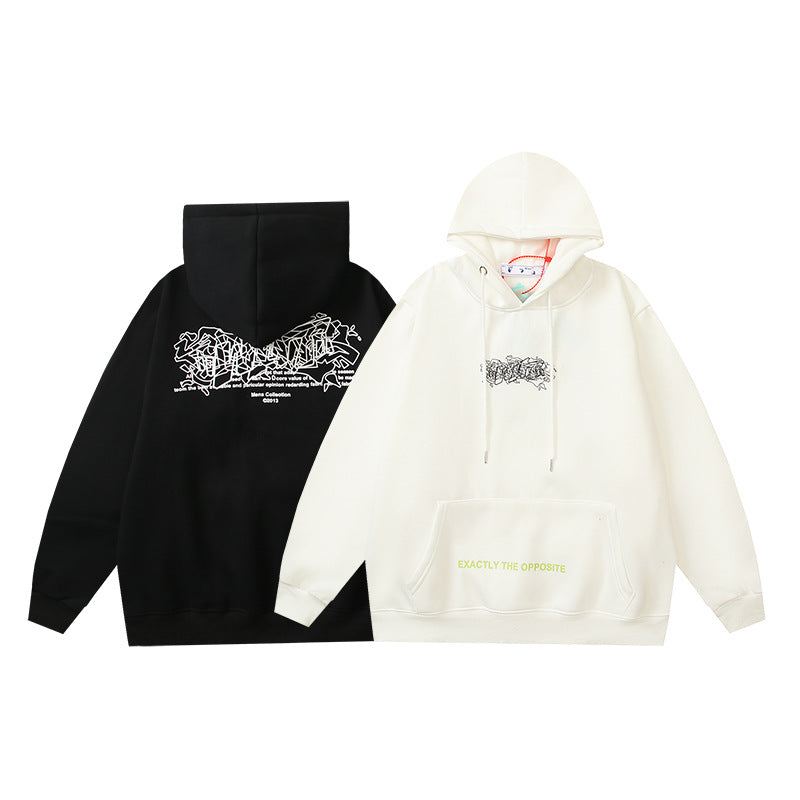 OW Chaos Letter Print Pattern Fleece Hooded Sweater