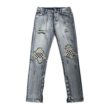 Men Jeans Summer Water Washed Hole Jeans Patch Plaid Pants