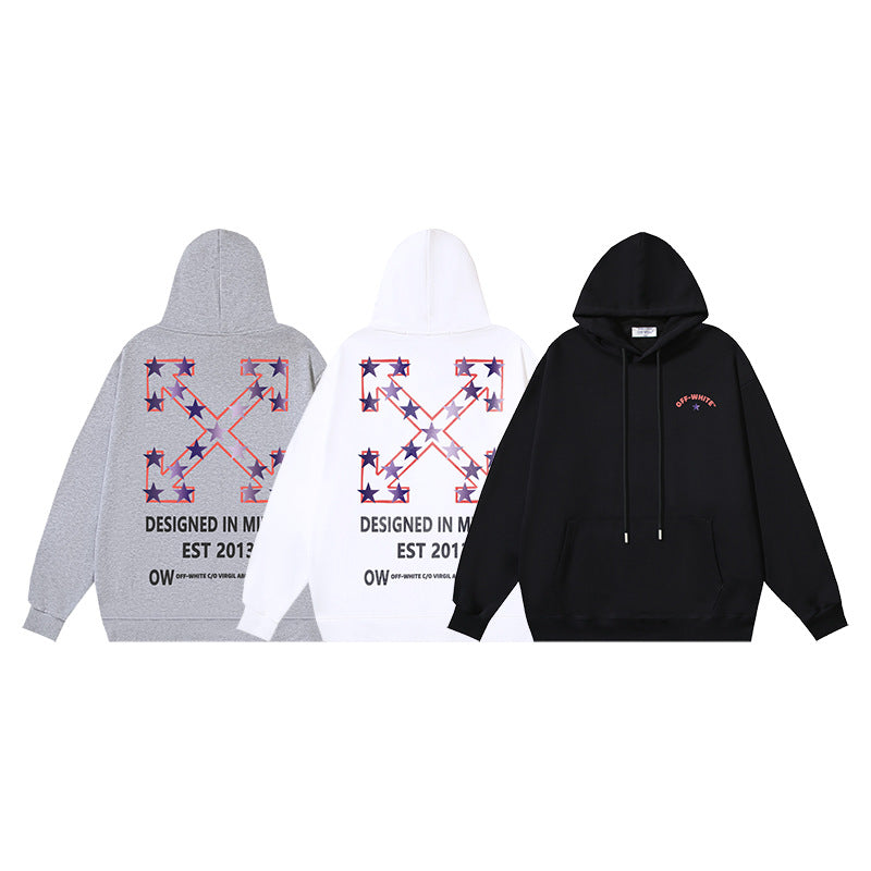 OW Star Letter Arrow Pattern Pullover Hooded Sweater