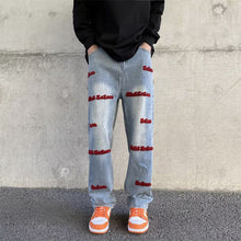 Men Jeans Embroidered Letters Straight-Leg Pants Vintage Jeans
