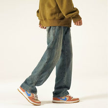 Men Jeans Washed Worn Jeans Men's Straight-Leg Trousers Wide Leg Pants