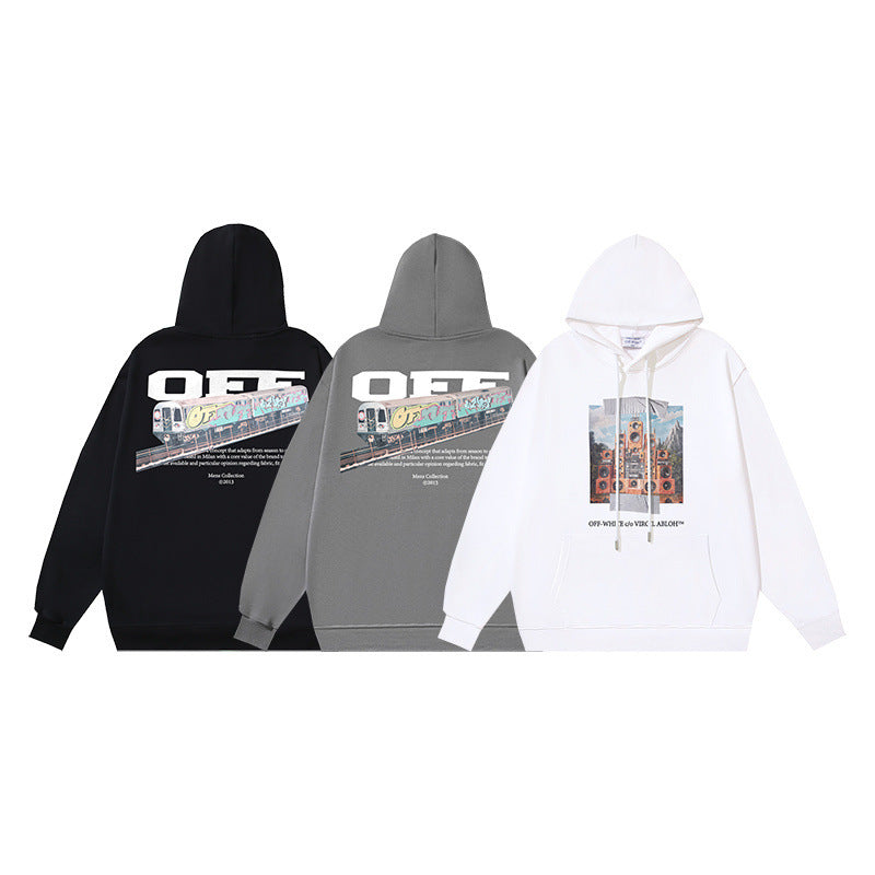 OW audio train print pattern pullover hooded sweater