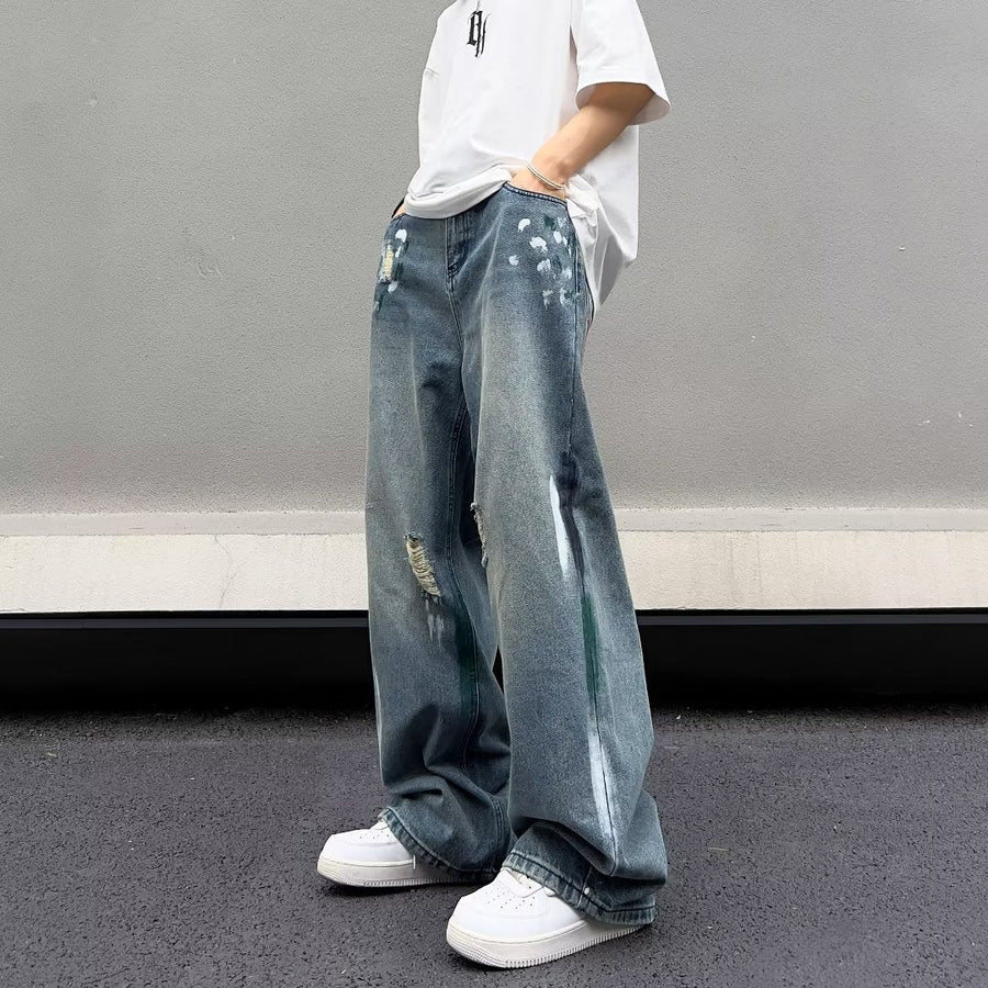 Men Jeans Water Washed Hole Jeans Men's Summer Loose Wide-Leg Straight Pants
