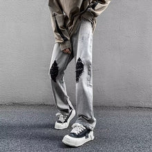 Men Jeans Gray Broken Hole Jeans Public Zipper Split Bootcut Trousers