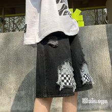 Men Jeans Ripped Checkerboard Plaid Denim Shorts