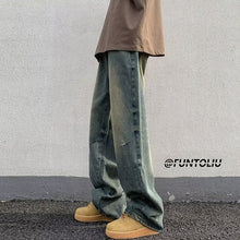 Men Jeans Washed Worn Jeans Loose Wide-Leg Straight Pants