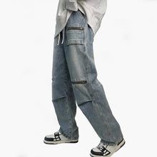 Men Jeans Spring and Autumn Vintage Zipper Loose Straight Wide Leg Straight Casual Trousers