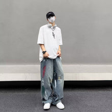 Men Jeans Water Washed Hole Jeans Men's Summer Loose Wide-Leg Straight Pants