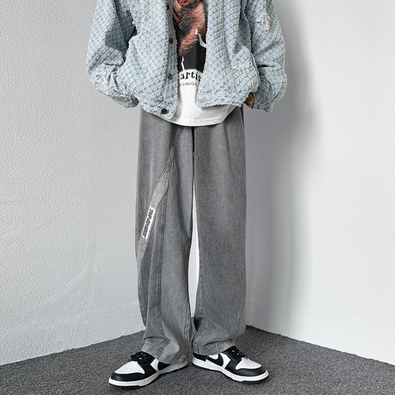 Men Jeans Washed Jeans Men's Casual Trousers Straight Loose Wide Leg Pants