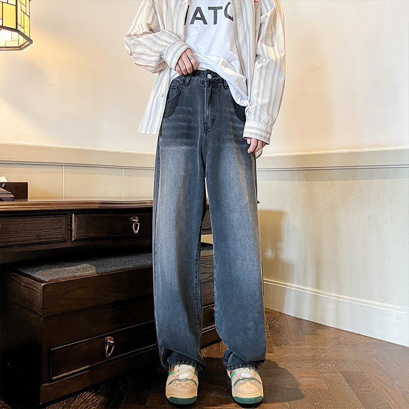 Men Jeans Fall Casual Wide-Leg Trousers Washed-out Vintage Straight-Leg Pants