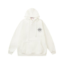 Off White hoodie with a fleece hood with a palm globe arrow pattern