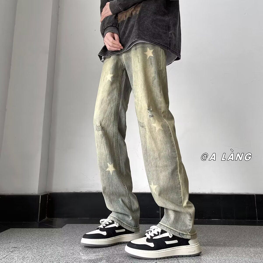 Men Jeans Retro Washed Straight-Leg Pants Loose Casual Pants