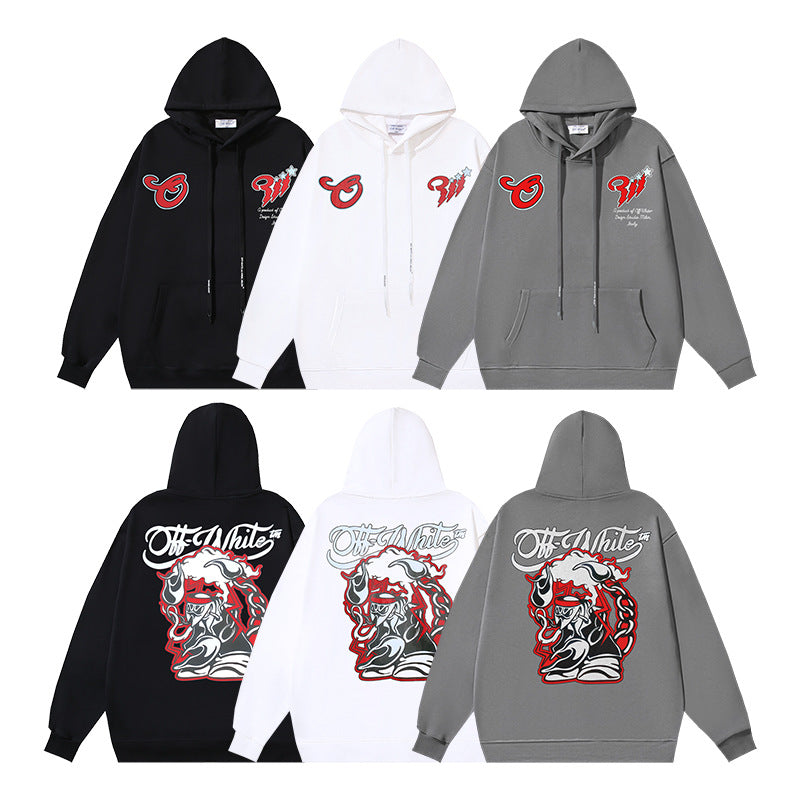 OW cartoon letter pattern print hooded sweater