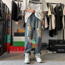 Men Jeans Ripped Jeans Men's Summer Retro Hip Hop Straight-Leg Trousers