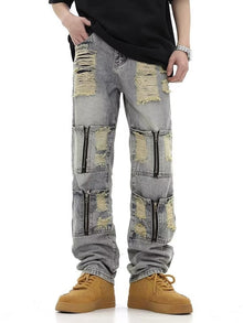 Men Jeans Vintage Distressed Multi-Pocket Straight Jeans