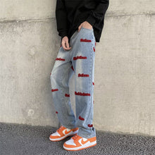 Men Jeans Embroidered Letters Straight-Leg Pants Vintage Jeans