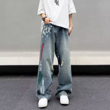 Men Jeans Water Washed Hole Jeans Men's Summer Loose Wide-Leg Straight Pants
