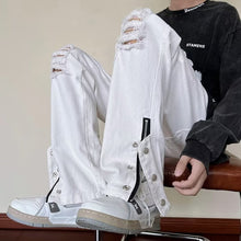 Men Jeans Black Ripped Jeans Spring and Autumn Zipper Straight-Leg Pants