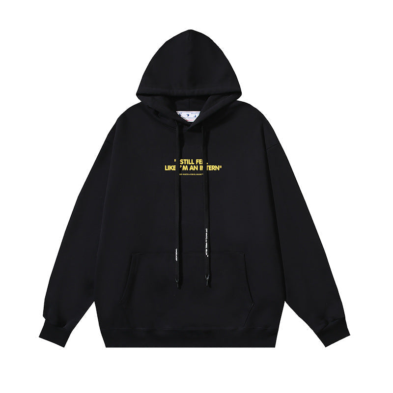 OW Yellow Letter Pattern Hooded Pullover Sweater