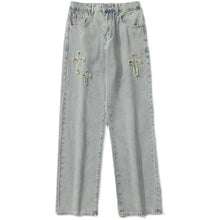 Men Jeans Retro Washed Cross Embroidered Jeans