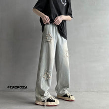 Men Jeans Five-Pointed Star Summer Washed-out Vintage Wide Leg Denim Trousers