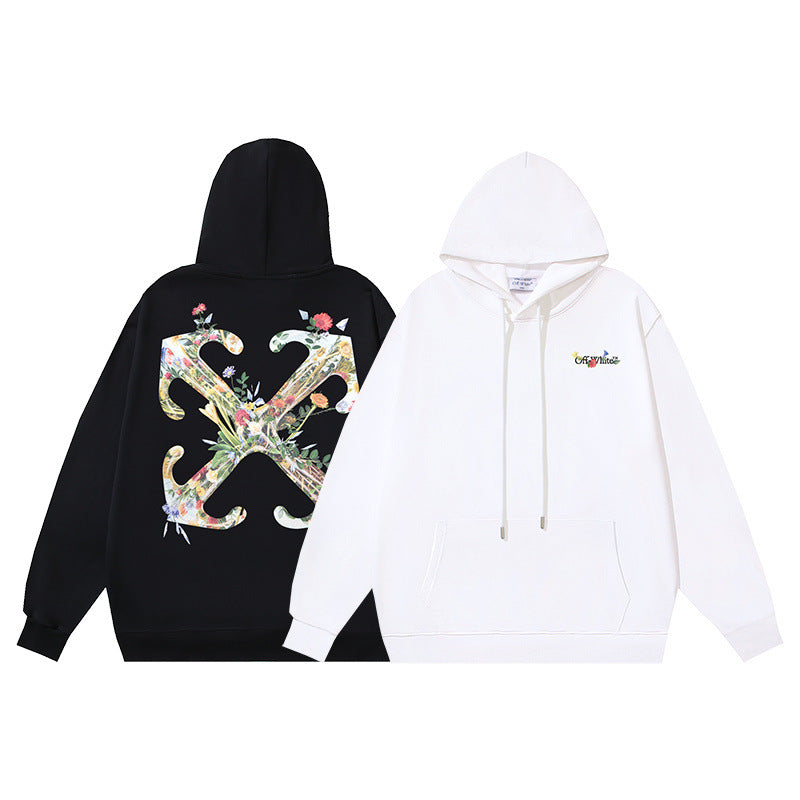 OW Botanical Flower Print Pattern Pullover Hooded Sweater