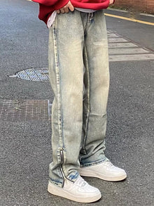 Men Jeans Washed Zipper Jeans Spring and Autumn Vintage Casual Loose Trousers