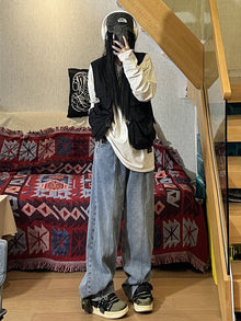 Men Jeans Vintage Jeans Men's Straight Loose Oversize Wide Leg Pants