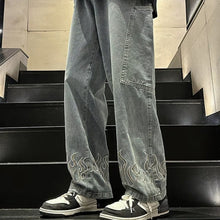 Men Jeans Embroidered Flame Jeans Baggy Straight Trousers