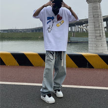 Men Jeans Bell-Bottom Pants Loose Straight Letter Vintage Print Jeans