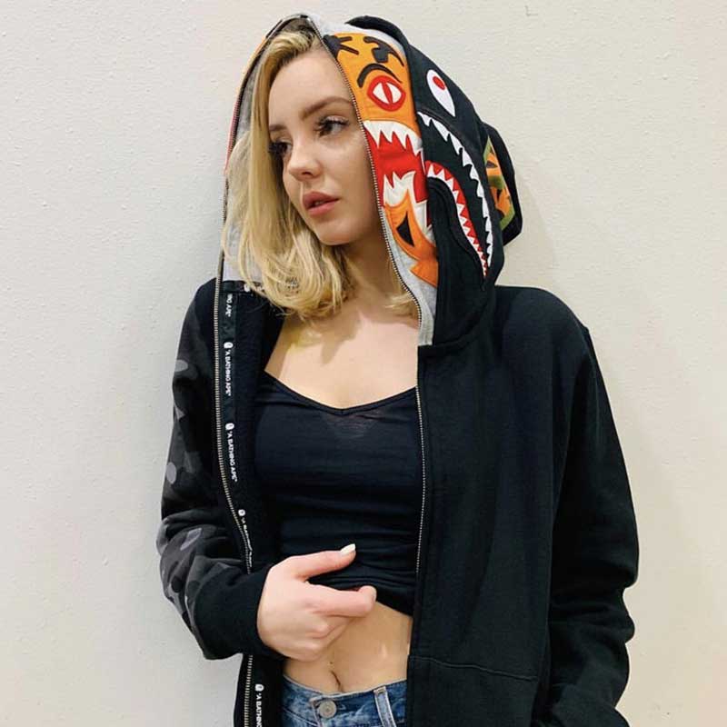 Bathing Ape Bape Tiger Head Shark Double Hood Sweater Camouflage Hoodie Thin Velvet Terry Hooded Sweater