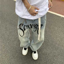 Men Jeans Bell-Bottom Pants Loose Straight Letter Vintage Print Jeans