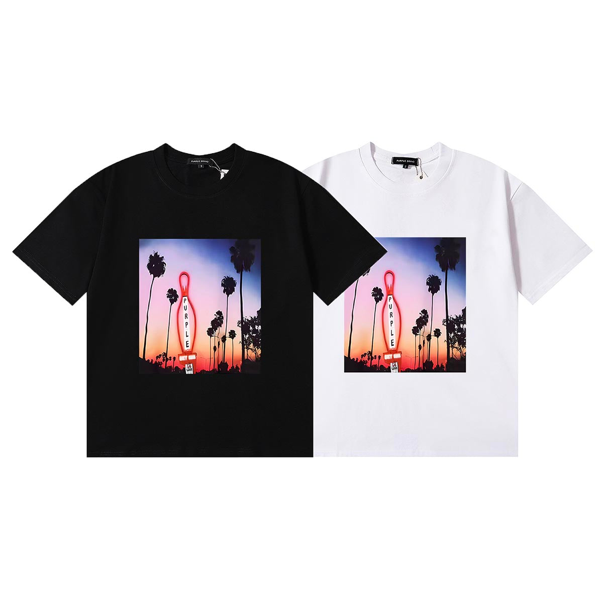 Purple T Shirts Bowling Coconut Tree Print Cotton Casual Short Sleeve Men and Women