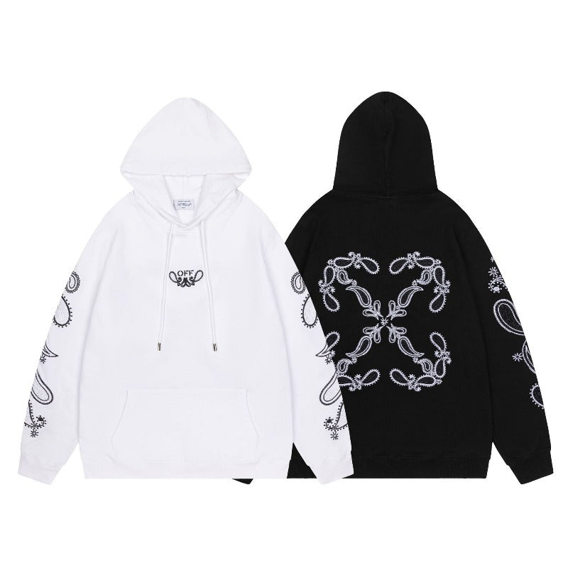 OW embroidered cashew flower pattern pullover hooded sweater