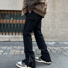 Men Jeans Zipper Slit Casual Pants Loose Straight Bootcut Pants